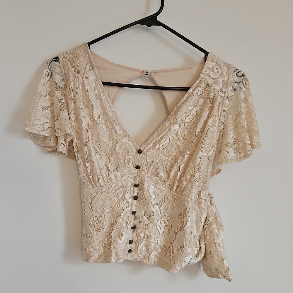 Anthropologie Cream Lace Button-Front Blouse